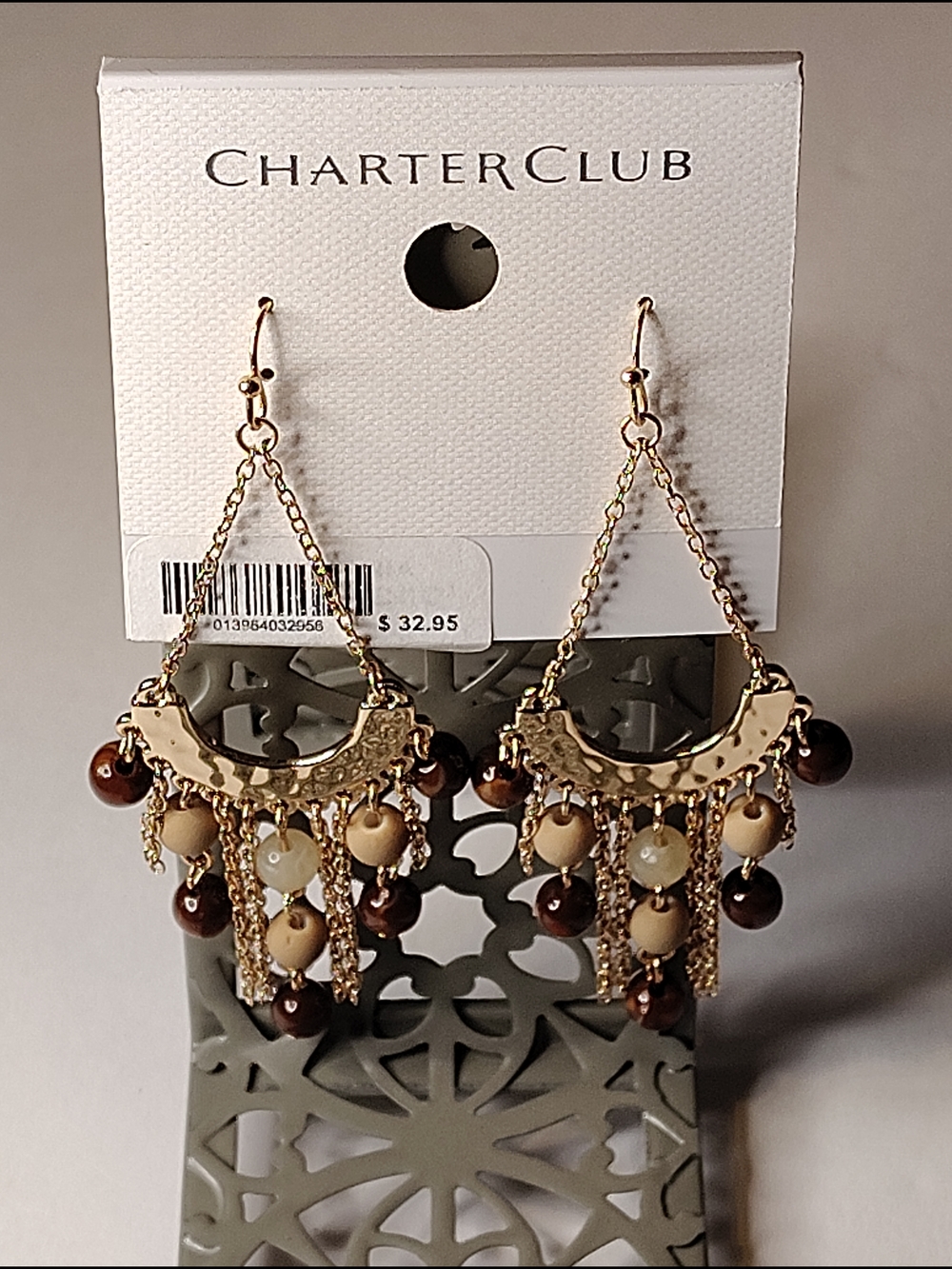 Charter Club Gold-Tone Dangle Earrings with Brown and Cream Beads